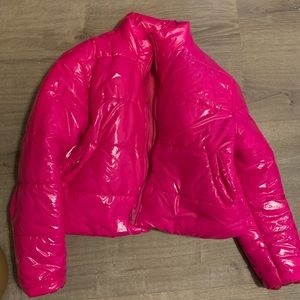 Hot pink vinyl trendy bomber jacket!! Size - M